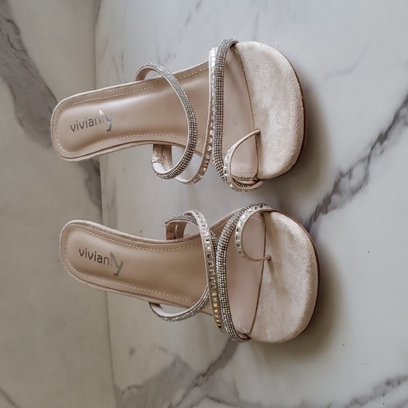 Vivianly Open Round Toe Rhinestone Straped Heeled Slide on Sandals in Nude SZ 8 - Picture 2 of 9